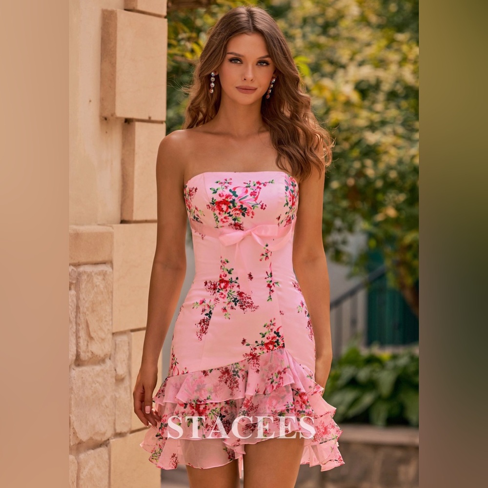 NWT Stacees Strapless Pink Floral Ruffle Mini Dress Wedding Guest Summer Size 6